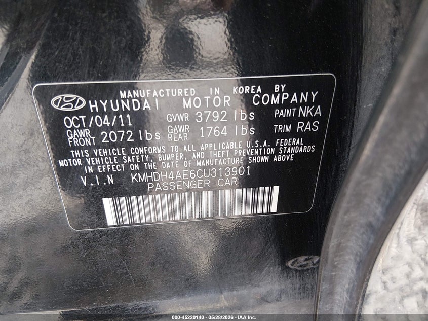 2012 Hyundai Elantra 1.8 Gls (Ulsan Plant) black Lot 111045220140 Vin KMHDH4AE6CU313901