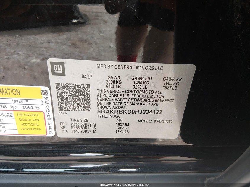 2017 Buick Enclave Leather VIN: 5GAKRBKD9HJ334433 Lot: 45220194