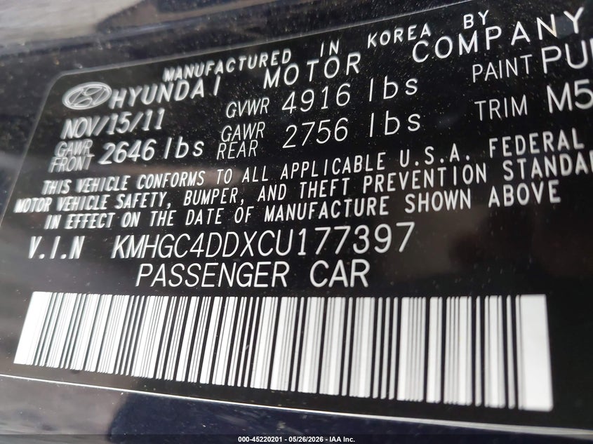 2012 Hyundai Genesis 3.8 VIN: KMHGC4DDXCU177397 Lot: 45220201
