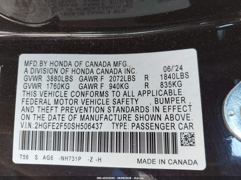 2025 HONDA CIVIC 2.0L I-4 DI, DOHC, V(VIN: 2HGFE2F50SH506437