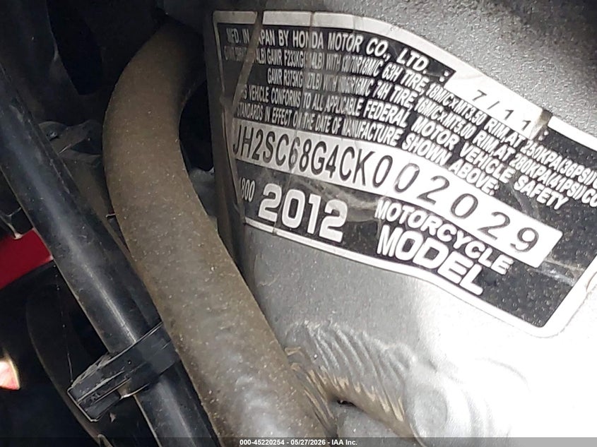 2012 Honda Gl1800 VIN: JH2SC68G4CK002029 Lot: 45220254