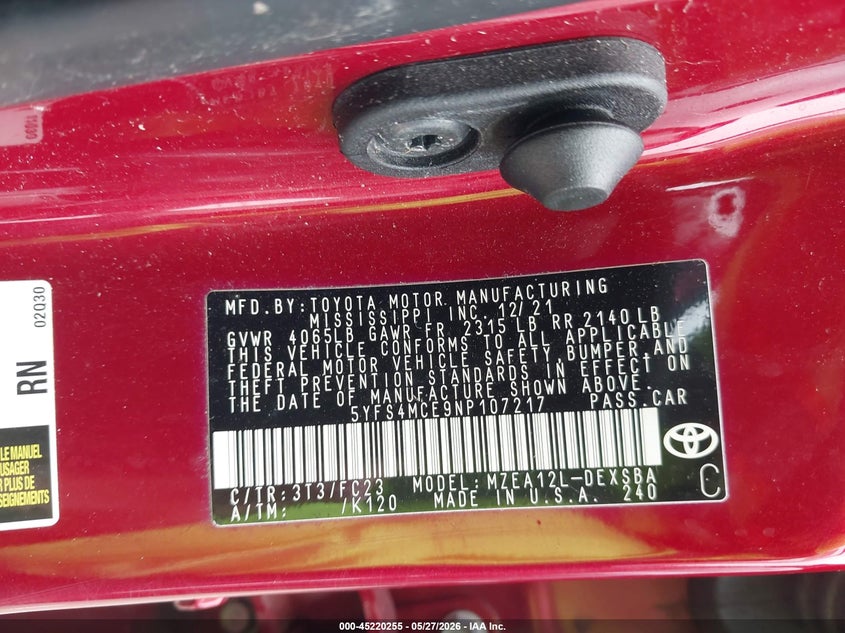 VIN: 5YFS4MCE9NP107217 2022 TOYOTA COROLLA SE