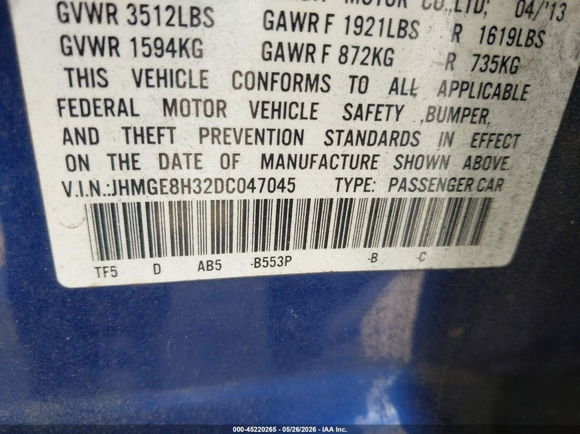 2013 Honda Fit VIN: JHMGE8H32DC047045 Lot: 45220265