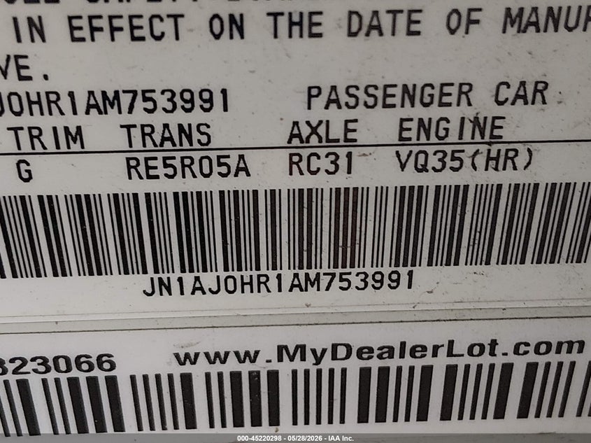 2010 Infiniti Ex35 Journey VIN: JN1AJ0HR1AM753991 Lot: 45220298