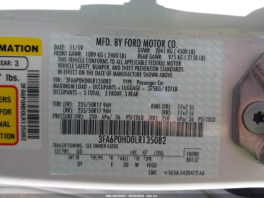2020 FORD FUSION SEDAN 1.5L I-4 DI, DOHC, VVT, TURBO, 181HP