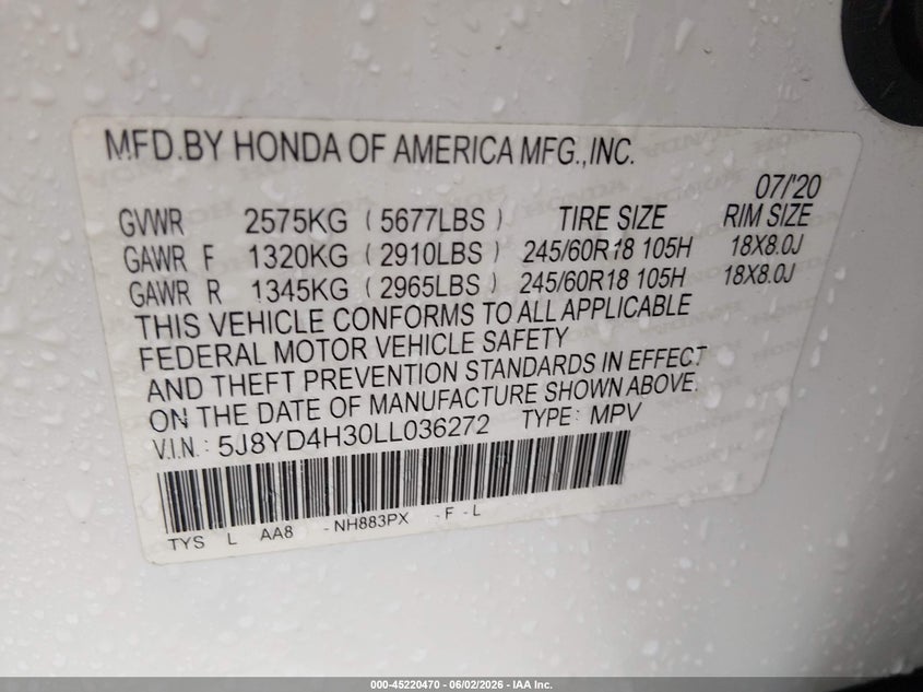 2020 Acura Mdx Standard VIN: 5J8YD4H30LL036272 Lot: 45220470