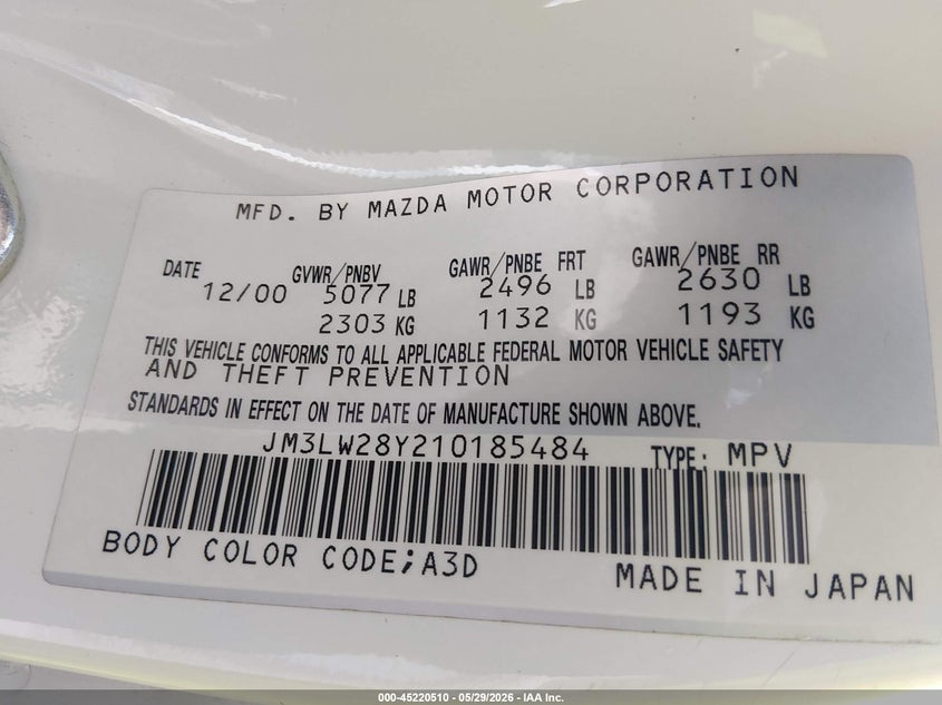 2001 Mazda Mpv Dx/Es/Lx VIN: JM3LW28Y210185484 Lot: 45220510