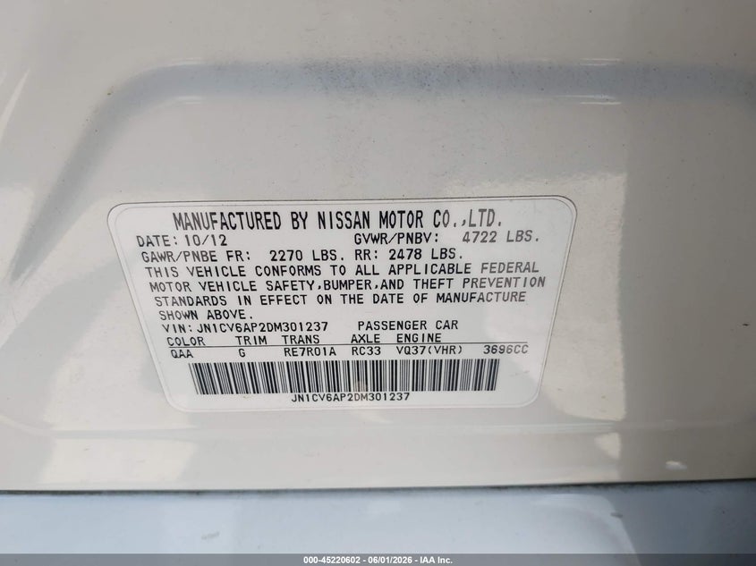 2013 Infiniti G37 Journey VIN: JN1CV6AP2DM301237 Lot: 45220602