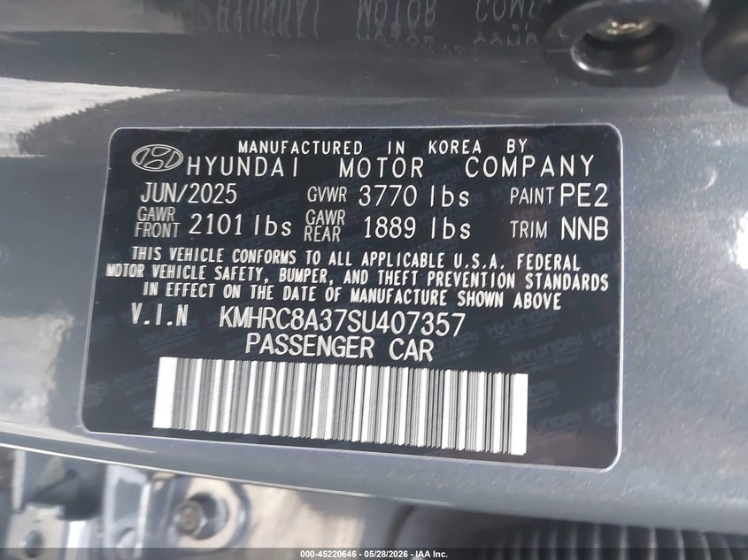 2025 Hyundai Venue Sel VIN: KMHRC8A37SU407357 Lot: 45220646