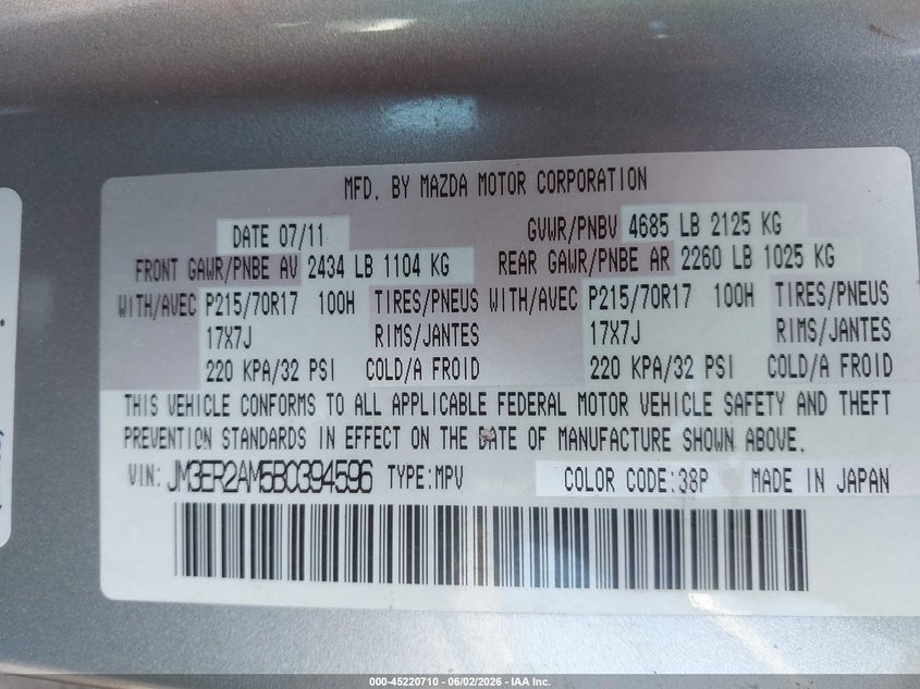 2011 Mazda Cx-7 I Sv VIN: JM3ER2AM5B0394596 Lot: 45220710