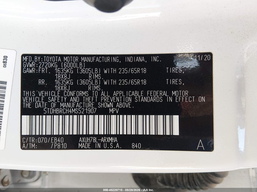 2021 TOYOTA HIGHLANDER SPORT UTILITY VEHICLE 2.5L I-4 DI, DOHC, VVT, 186HP
