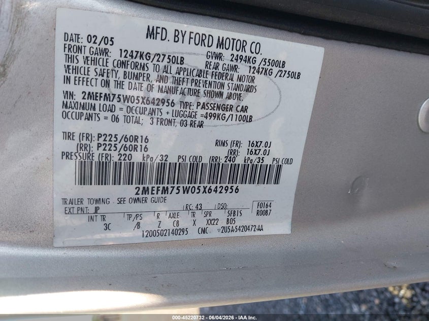 2005 Mercury Grand Marquis Ls/Lse VIN: 2MEFM75W05X642956 Lot: 45220732