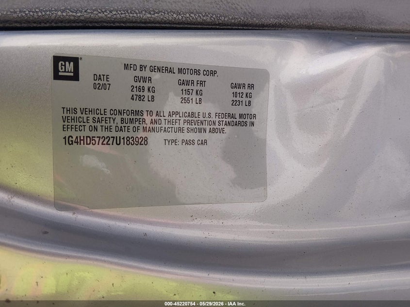 2007 Buick Lucerne Cxl VIN: 1G4HD57227U183928 Lot: 45220754