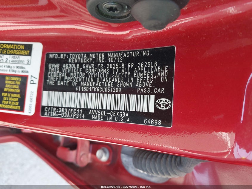 TOYOTA CAMRY HYBRID 2012 VIN 4T1BD1FK6CU054309