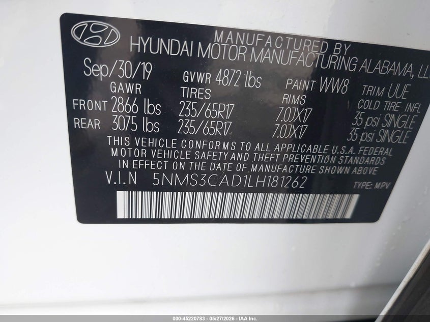 VIN 5NMS3CAD1LH181262 2020 HYUNDAI SANTA FE SEL