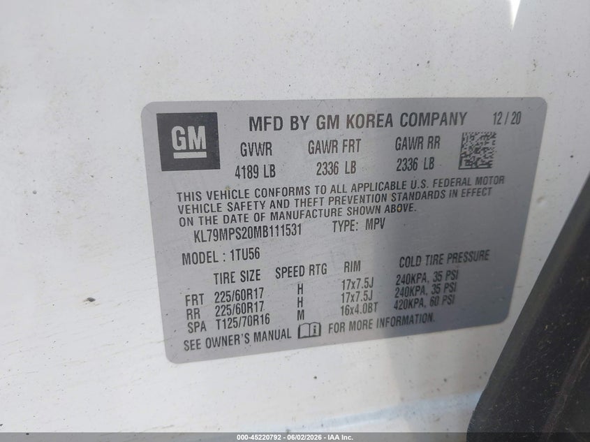 2021 Chevrolet Trailblazer Fwd Lt VIN: KL79MPS20MB111531 Lot: 45220792