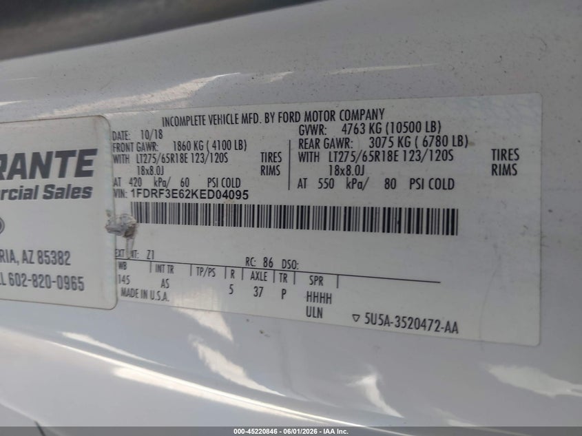 2019 Ford F-350 Chassis Xl VIN: 1FDRF3E62KED04095 Lot: 45220846
