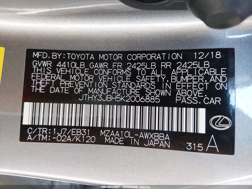 2019 Lexus Ux 200 F Sport VIN: JTHY3JBH5K2006885 Lot: 45220867