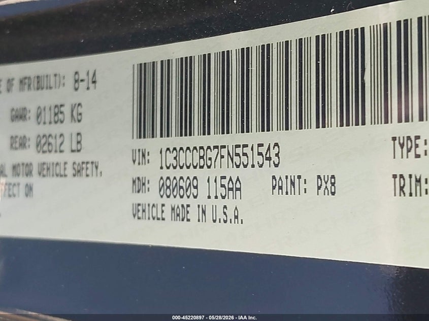 CHRYSLER 200 2015 VIN 1C3CCCBG7FN551543