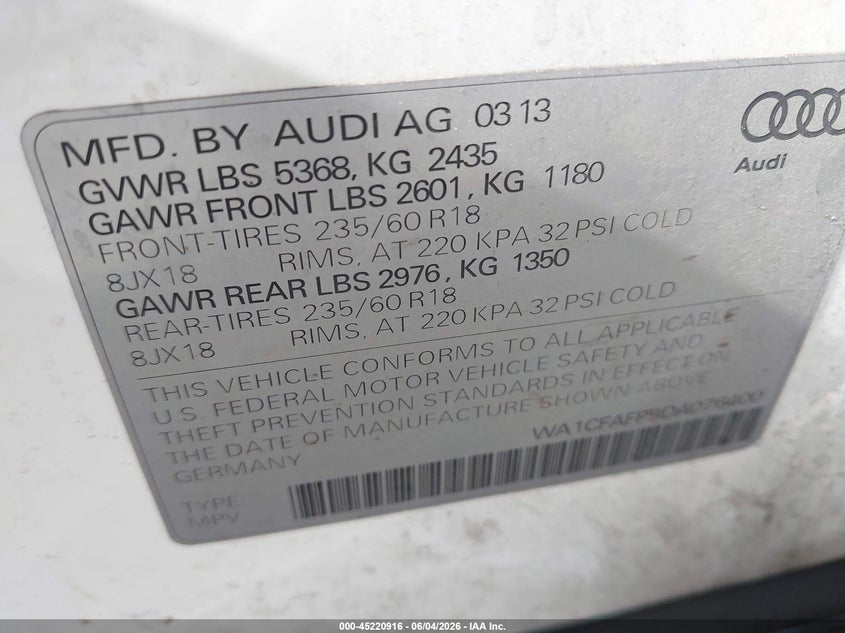 2013 Audi Q5 2.0T Premium VIN: WA1CFAFP9DA076400 Lot: 45220916