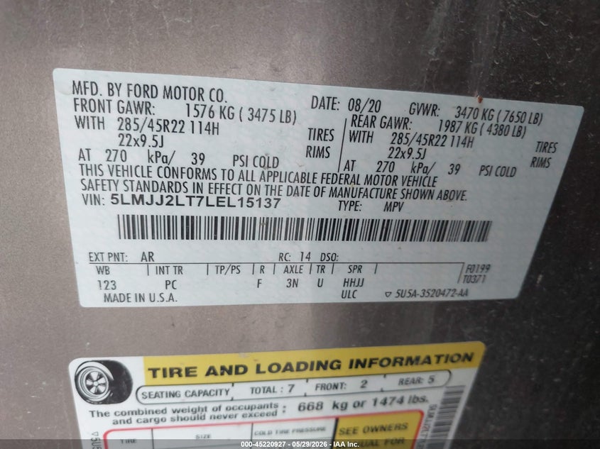 2020 Lincoln Navigator Reserve VIN: 5LMJJ2LT7LEL15137 Lot: 45220927