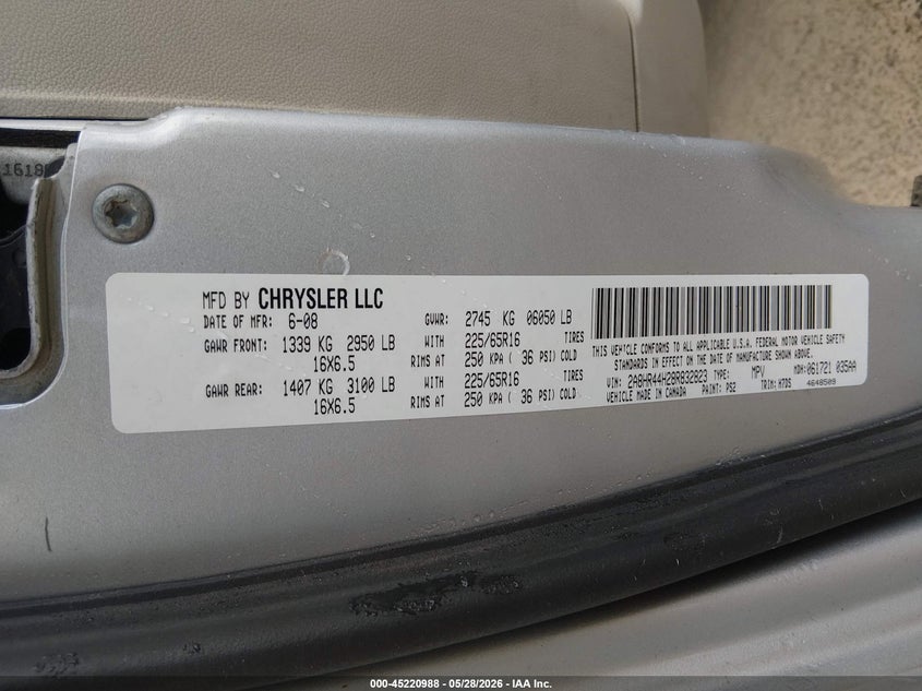 2008 Chrysler Town & Country Lx VIN: 2A8HR44H28R832823 Lot: 45220988