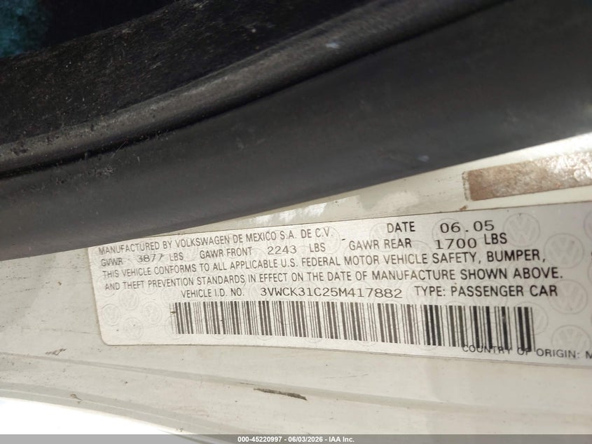 2005 Volkswagen New Beetle Gls VIN: 3VWCK31C25M417882 Lot: 45220997