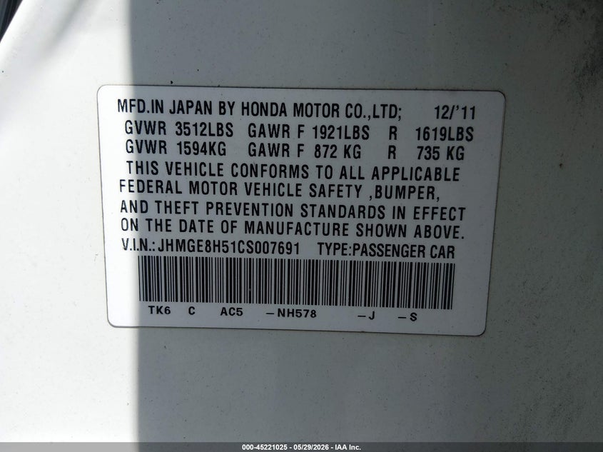2012 Honda Fit Sport VIN: JHMGE8H51CS007691 Lot: 45221025