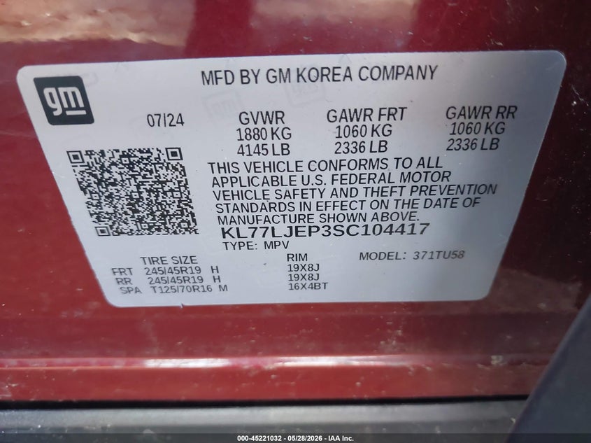 VIN KL77LJEP3SC104417 2025 CHEVROLET TRAX FWD 2RS