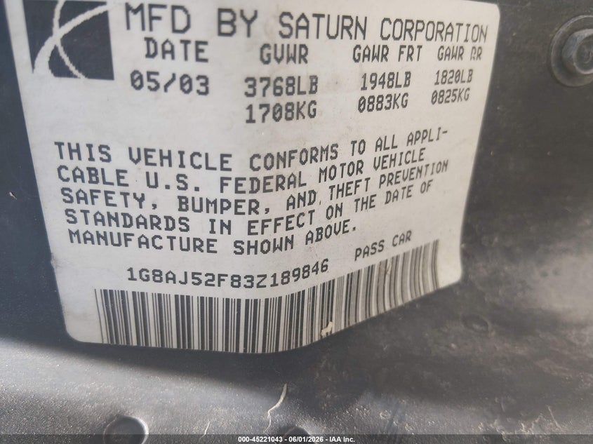 2003 Saturn Ion 2 VIN: 1G8AJ52F83Z189846 Lot: 45221043