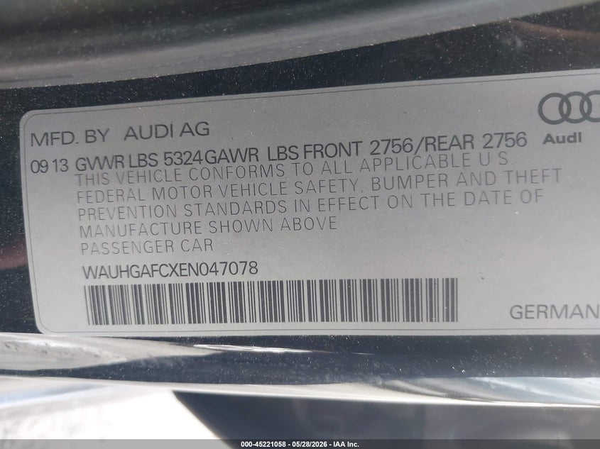 2014 Audi A6 3.0T Premium Plus VIN: WAUHGAFCXEN047078 Lot: 45221058