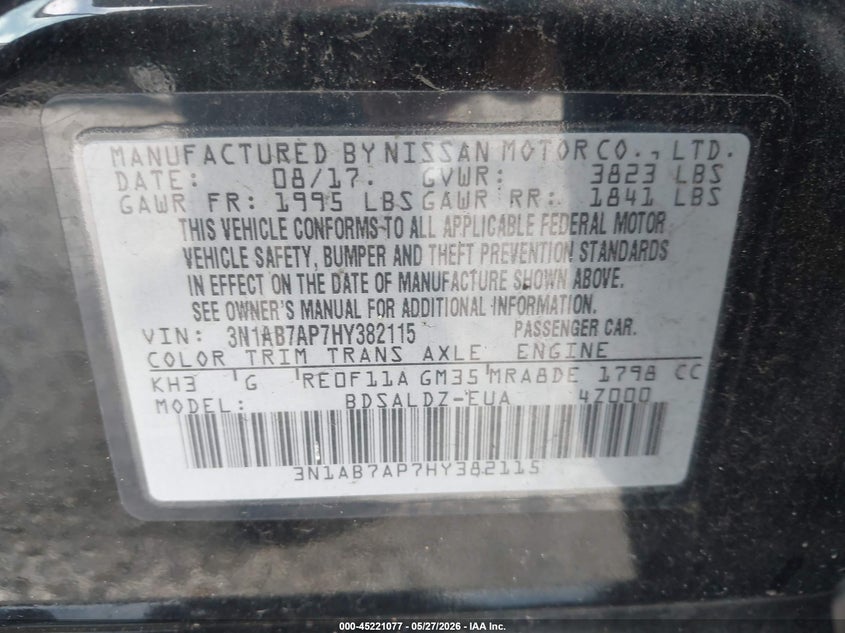 VIN 3N1AB7AP7HY382115 2017 NISSAN SENTRA SV