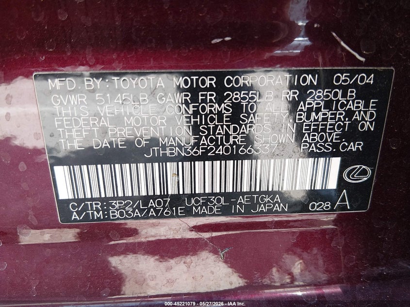 2004 Lexus Ls 430 VIN: JTHBN36F240166337 Lot: 45221079