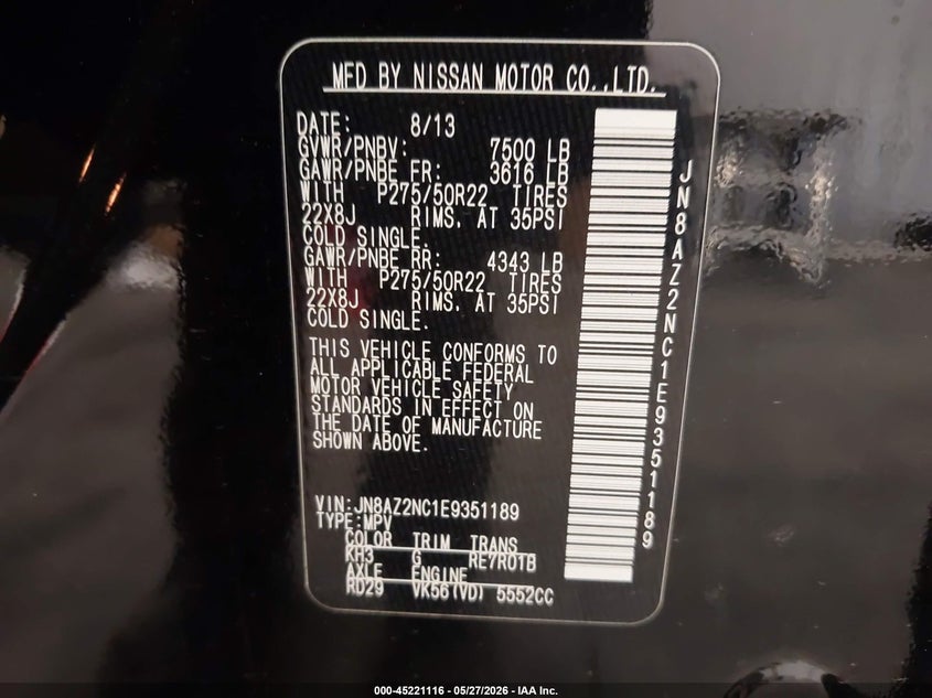 2014 Infiniti Qx80 VIN: JN8AZ2NC1E9351189 Lot: 45221116