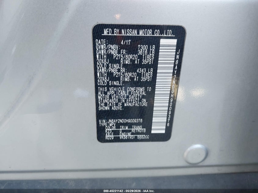 2017 Nissan Armada Sl VIN: JN8AY2ND0H9009376 Lot: 45221142