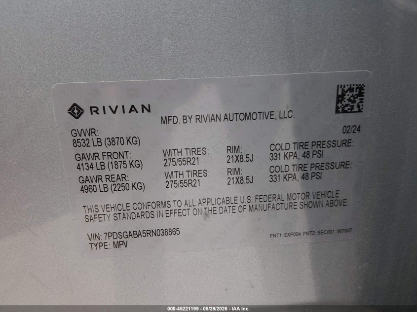 2024 Rivian R1S Adventure Quad Motor Large Pack VIN: 7PDSGABA5RN038865 Lot: 45221199