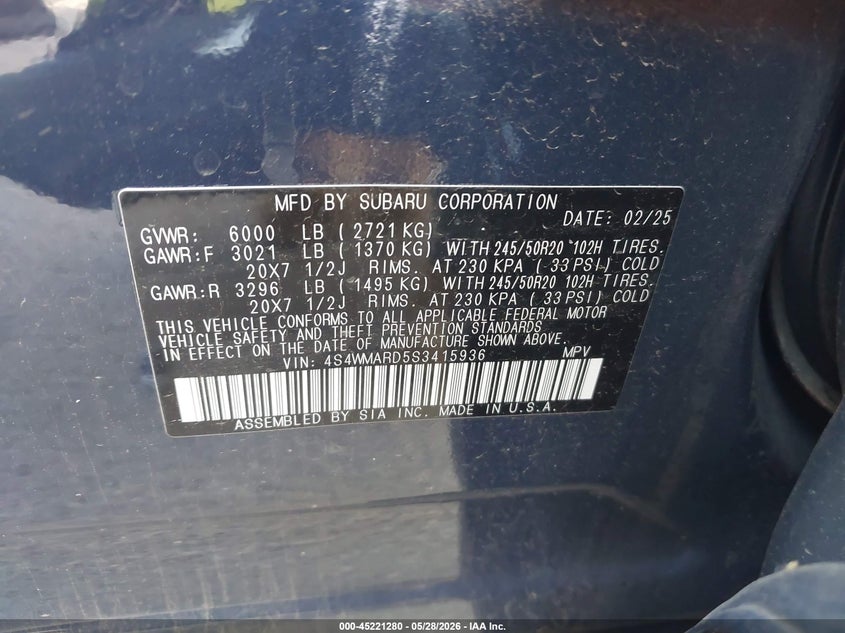 SUBARU ASCENT 2025 VIN 4S4WMARD5S3415936