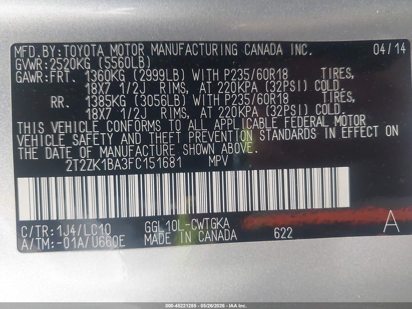 2015 Lexus Rx 350 VIN: 2T2ZK1BA3FC151681 Lot: 45221285