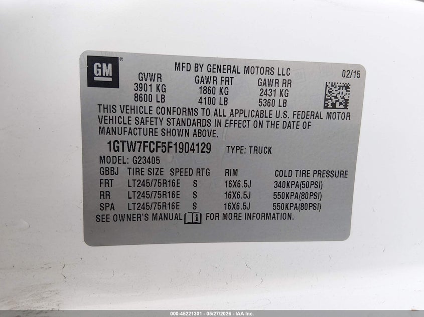 2015 GMC Savana 2500 Work Van VIN: 1GTW7FCF5F1904129 Lot: 45221301
