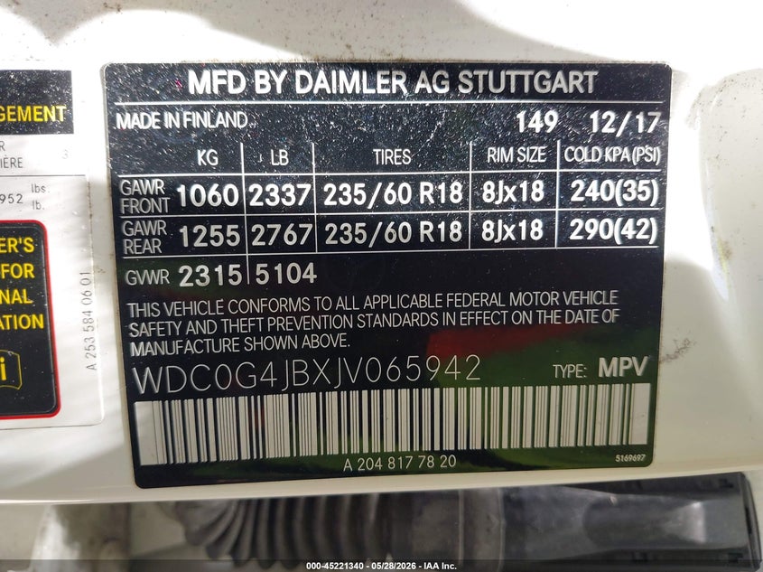 2018 Mercedes-Benz Glc 300 VIN: WDC0G4JBXJV065942 Lot: 45221340