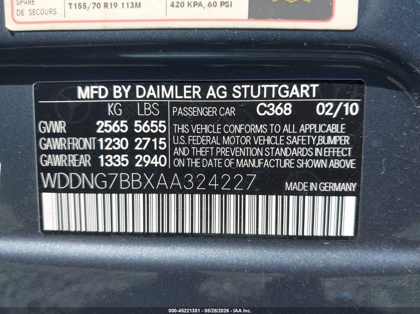2010 Mercedes-Benz S 550 VIN: WDDNG7BBXAA324227 Lot: 45221351