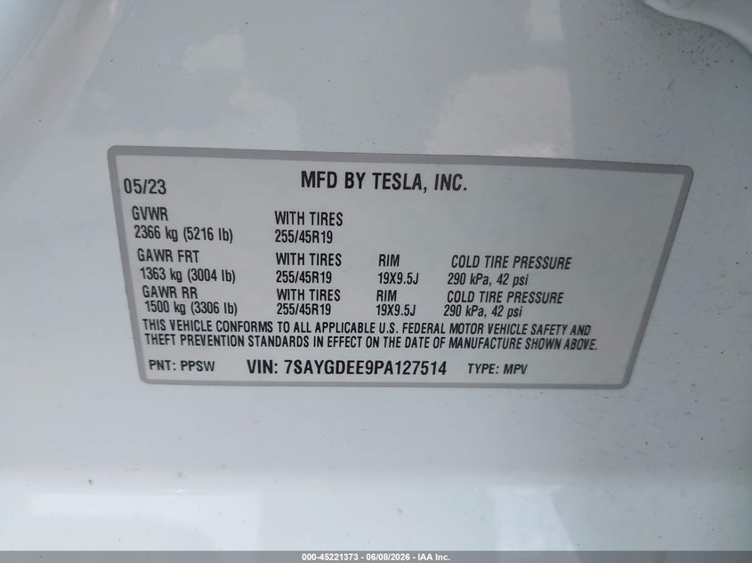 2023 Tesla Model Y Awd/Long Range Dual Motor All-Wheel Drive VIN: 7SAYGDEE9PA127514 Lot: 45221373