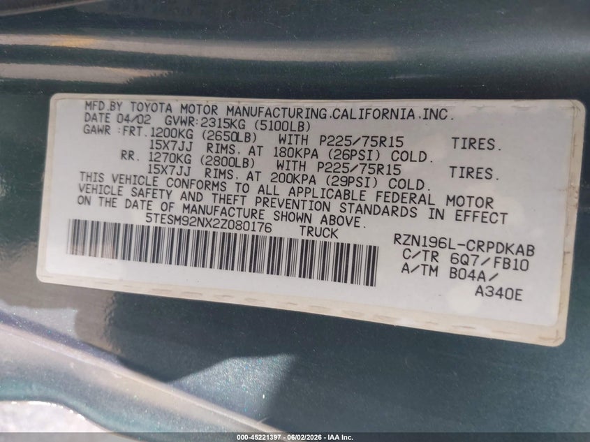 2002 Toyota Tacoma Prerunner VIN: 5TESM92NX2Z080176 Lot: 45221397