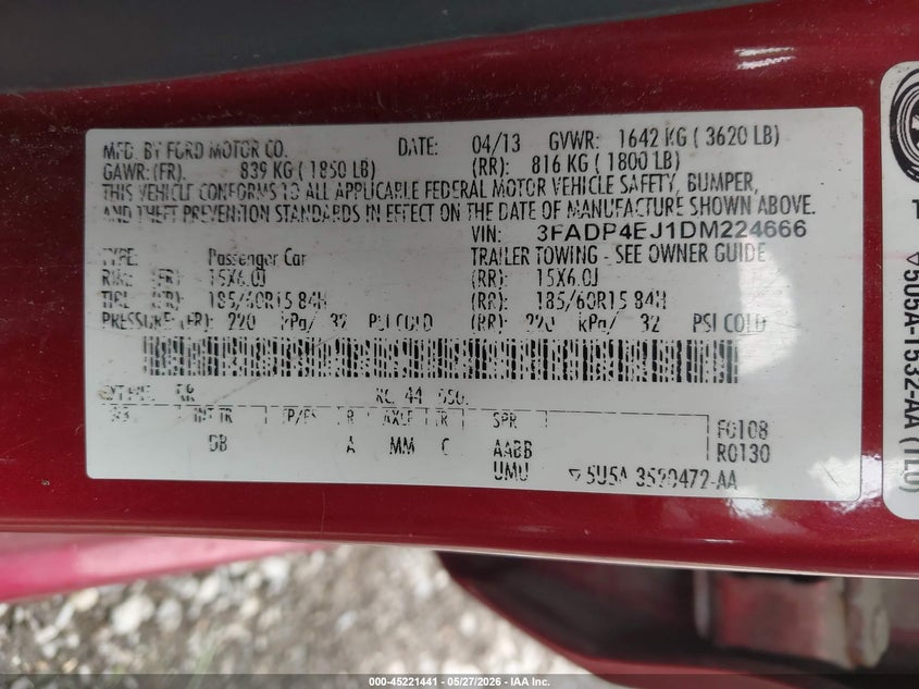 2013 Ford Fiesta Se VIN: 3FADP4EJ1DM224666 Lot: 45221441
