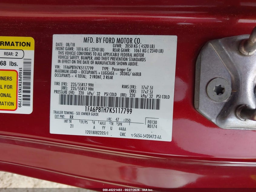 VIN 1FA6P8TH7K5117799 2019 FORD MUSTANG ECOBOOST