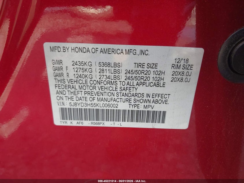 2019 Acura Mdx Tech Pkg VIN: 5J8YD3H55KL006002 Lot: 45221514