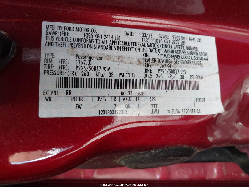 2013 Ford C-Max Hybrid Sel VIN: 1FADP5BUXDL528844 Lot: 45221554