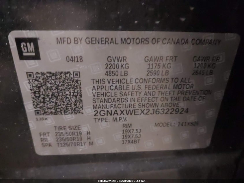 VIN 2GNAXWEX2J6322924 2018 CHEVROLET EQUINOX PREMIER