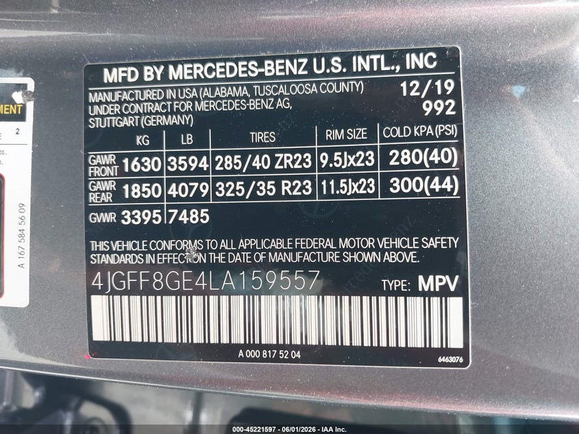 2020 Mercedes-Benz Gls 580 4Matic VIN: 4JGFF8GE4LA159557 Lot: 45221597