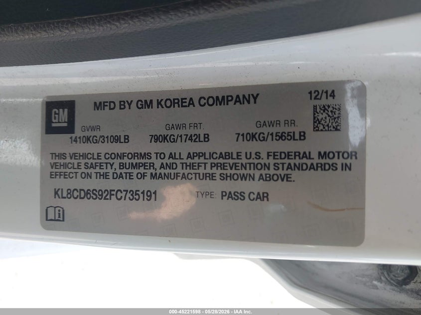 2015 Chevrolet Spark 1Lt Cvt VIN: KL8CD6S92FC735191 Lot: 45221598
